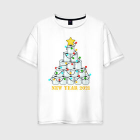 Женская футболка хлопок Oversize с принтом Новый год 2021 в Курске, 100% хлопок | свободный крой, круглый ворот, спущенный рукав, длина до линии бедер
 | 