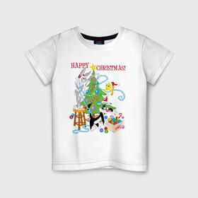 Детская футболка хлопок с принтом Happy Christmas! в Курске, 100% хлопок | круглый вырез горловины, полуприлегающий силуэт, длина до линии бедер | bugs | bunny | cat | looney | sylvester | tunes | vdzajul | багз | бани | банни | сильвестр кот | твити