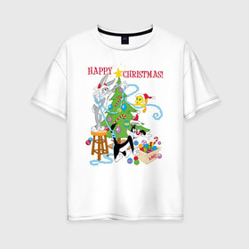 Женская футболка хлопок Oversize с принтом Happy Christmas! в Курске, 100% хлопок | свободный крой, круглый ворот, спущенный рукав, длина до линии бедер
 | bugs | bunny | cat | looney | sylvester | tunes | vdzajul | багз | бани | банни | сильвестр кот | твити
