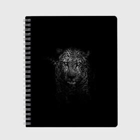 Тетрадь с принтом Ягуар выходит из тени в Курске, 100% бумага | 48 листов, плотность листов — 60 г/м2, плотность картонной обложки — 250 г/м2. Листы скреплены сбоку удобной пружинной спиралью. Уголки страниц и обложки скругленные. Цвет линий — светло-серый
 | Тематика изображения на принте: jaguar | барс | животное | зверь | кошка | черный | ягуар