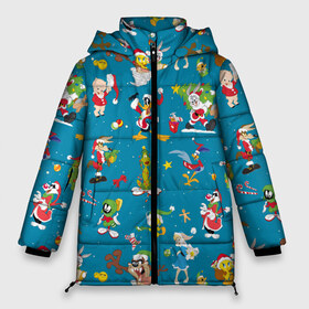 Женская зимняя куртка 3D с принтом Looney Tunes Christmas в Курске, верх — 100% полиэстер; подкладка — 100% полиэстер; утеплитель — 100% полиэстер | длина ниже бедра, силуэт Оверсайз. Есть воротник-стойка, отстегивающийся капюшон и ветрозащитная планка. 

Боковые карманы с листочкой на кнопках и внутренний карман на молнии | Тематика изображения на принте: bugs | bunny | cat | coyote | daffy | duck | looney | marvin | pig | porky | sylvester | tunes | tweety | vdzajul | wile | багз | бани | банни | вайл | дак | даффи | дьявол | койот | кот | лола | марвин | марсианин | пиг | порки | силь
