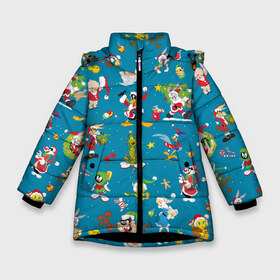 Зимняя куртка для девочек 3D с принтом Looney Tunes Christmas в Курске, ткань верха — 100% полиэстер; подклад — 100% полиэстер, утеплитель — 100% полиэстер. | длина ниже бедра, удлиненная спинка, воротник стойка и отстегивающийся капюшон. Есть боковые карманы с листочкой на кнопках, утяжки по низу изделия и внутренний карман на молнии. 

Предусмотрены светоотражающий принт на спинке, радужный светоотражающий элемент на пуллере молнии и на резинке для утяжки. | Тематика изображения на принте: bugs | bunny | cat | coyote | daffy | duck | looney | marvin | pig | porky | sylvester | tunes | tweety | vdzajul | wile | багз | бани | банни | вайл | дак | даффи | дьявол | койот | кот | лола | марвин | марсианин | пиг | порки | силь