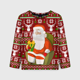 Детский лонгслив 3D с принтом Санта с защитным экраном в Курске, 100% полиэстер | длинные рукава, круглый вырез горловины, полуприлегающий силуэт
 | deer | happy new year | new year | santa | защитный экран | корона | коронавирус | новогодний свитер | новый год | санта | санта клаус | свитер | свитер с маской | свитер с оленями