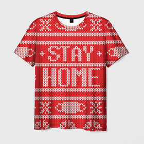 Мужская футболка 3D с принтом Stay home в Курске, 100% полиэфир | прямой крой, круглый вырез горловины, длина до линии бедер | deer | happy new year | new year | santa | защитный экран | корона | коронавирус | новогодний свитер | новый год | свитер | свитер с маской | свитер с оленями