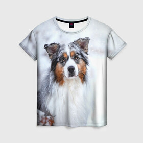 Женская футболка 3D с принтом Австралийская овчарка в Курске, 100% полиэфир ( синтетическое хлопкоподобное полотно) | прямой крой, круглый вырез горловины, длина до линии бедер | dog | австралийская | животные | овчарка | пес | природа | собака | собаки | собакчка | собачки