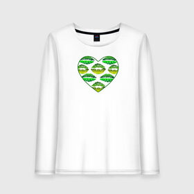Женский лонгслив хлопок с принтом Зелёный поцелуй в Курске, 100% хлопок |  | губы | день валентина | зелёный | любовь | отпечатки | сердечко | сердце