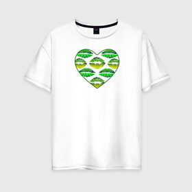 Женская футболка хлопок Oversize с принтом Зелёный поцелуй в Курске, 100% хлопок | свободный крой, круглый ворот, спущенный рукав, длина до линии бедер
 | губы | день валентина | зелёный | любовь | отпечатки | сердечко | сердце