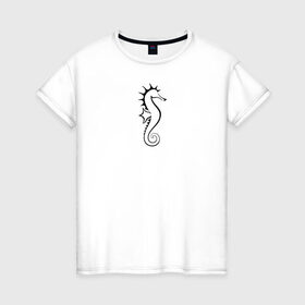 Женская футболка хлопок с принтом Морской конёк в Курске, 100% хлопок | прямой крой, круглый вырез горловины, длина до линии бедер, слегка спущенное плечо | значок | линейный | лого | минимализм | морской конёк | морской обитатель | рыба | чёрно  белый