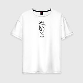 Женская футболка хлопок Oversize с принтом Морской конёк в Курске, 100% хлопок | свободный крой, круглый ворот, спущенный рукав, длина до линии бедер
 | значок | линейный | лого | минимализм | морской конёк | морской обитатель | рыба | чёрно  белый