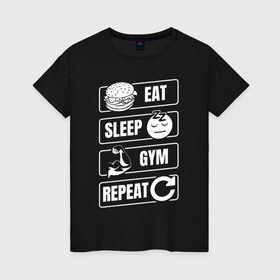 Женская футболка хлопок с принтом Eat Sleep Gym Repeat в Курске, 100% хлопок | прямой крой, круглый вырез горловины, длина до линии бедер, слегка спущенное плечо | Тематика изображения на принте: eat sleep | gym repeat | бодибилдинг | качалка | мотивация | спорт | фитнес