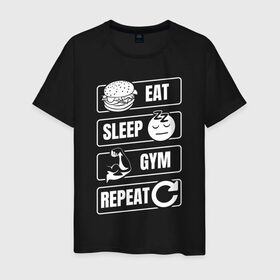 Мужская футболка хлопок с принтом Eat Sleep Gym Repeat в Курске, 100% хлопок | прямой крой, круглый вырез горловины, длина до линии бедер, слегка спущенное плечо. | Тематика изображения на принте: eat sleep | gym repeat | бодибилдинг | качалка | мотивация | спорт | фитнес