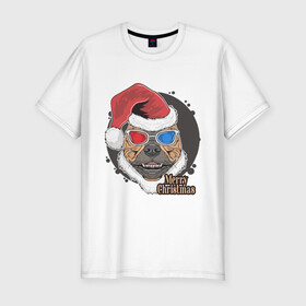 Мужская футболка хлопок Slim с принтом Christmas Dog в Курске, 92% хлопок, 8% лайкра | приталенный силуэт, круглый вырез ворота, длина до линии бедра, короткий рукав | art | christmas | dog | new year | santa hat | арт | новый год | очки | пес | рождество | собака | шапка санты