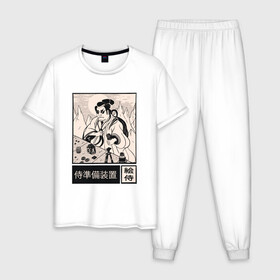 Мужская пижама хлопок с принтом Самурай фотограф в Курске, 100% хлопок | брюки и футболка прямого кроя, без карманов, на брюках мягкая резинка на поясе и по низу штанин
 | Тематика изображения на принте: art | cyberpunk samurai | foto | ninja | oni | ronin | samurai | shogun | арт | киберпанк самурай | мерч | мужик | мужчина | прикол | путь воина | путь война | ронин | сёгун | сепукку | токио | фото | фотоаппарат | харакири