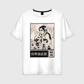 Женская футболка хлопок Oversize с принтом Самурай фотограф в Курске, 100% хлопок | свободный крой, круглый ворот, спущенный рукав, длина до линии бедер
 | art | cyberpunk samurai | foto | ninja | oni | ronin | samurai | shogun | арт | киберпанк самурай | мерч | мужик | мужчина | прикол | путь воина | путь война | ронин | сёгун | сепукку | токио | фото | фотоаппарат | харакири