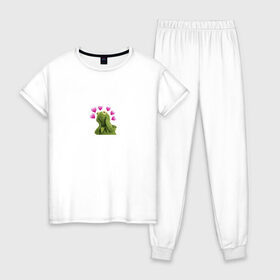 Женская пижама хлопок с принтом Кермит и сердечки в Курске, 100% хлопок | брюки и футболка прямого кроя, без карманов, на брюках мягкая резинка на поясе и по низу штанин | 