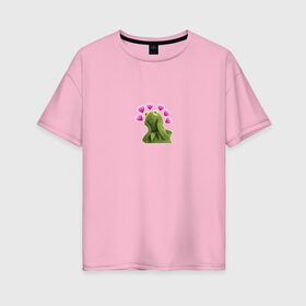 Женская футболка хлопок Oversize с принтом Кермит и сердечки в Курске, 100% хлопок | свободный крой, круглый ворот, спущенный рукав, длина до линии бедер
 | 
