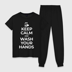 Женская пижама хлопок с принтом Keep Calm and Wash Your Hands в Курске, 100% хлопок | брюки и футболка прямого кроя, без карманов, на брюках мягкая резинка на поясе и по низу штанин | Тематика изображения на принте: keep calm | защита | коронавирус | мойте руки | самоизоляция | стоп ковид