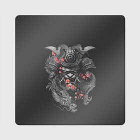 Магнит виниловый Квадрат с принтом Самурай и дракон в Курске, полимерный материал с магнитным слоем | размер 9*9 см, закругленные углы | Тематика изображения на принте: cherry | flower petals | helmet | japan | katana | ronin | sakura | samurai | вишня | катана | лепестки цветка | ронин | сакура | самурай | шлем | япония