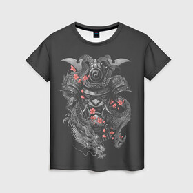 Женская футболка 3D с принтом Самурай и дракон в Курске, 100% полиэфир ( синтетическое хлопкоподобное полотно) | прямой крой, круглый вырез горловины, длина до линии бедер | cherry | flower petals | helmet | japan | katana | ronin | sakura | samurai | вишня | катана | лепестки цветка | ронин | сакура | самурай | шлем | япония