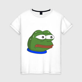 Женская футболка хлопок с принтом Pepe MonkaS в Курске, 100% хлопок | прямой крой, круглый вырез горловины, длина до линии бедер, слегка спущенное плечо | monkas | pepe | испуг | лягушка | мем | пепе | эмоут