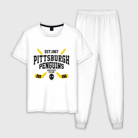 Мужская пижама хлопок с принтом Питтсбург Пингвинз в Курске, 100% хлопок | брюки и футболка прямого кроя, без карманов, на брюках мягкая резинка на поясе и по низу штанин
 | hockey | nhl | penguins | pittsburg | pittsburgh | pittsburgh penguins | usa | нхл | пингвинз | питтсбург | питтсбург пингвинз | спорт | сша | хоккей | шайба