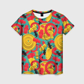 Женская футболка 3D с принтом Круглые 3д фигуры в Курске, 100% полиэфир ( синтетическое хлопкоподобное полотно) | прямой крой, круглый вырез горловины, длина до линии бедер | 3д | диски | круги | модный | паттерн | символы | узор | фигуры | цвет | шахматы | яркий
