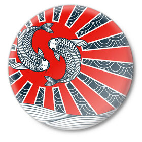Значок с принтом Карпы Кои в Курске,  металл | круглая форма, металлическая застежка в виде булавки | бамбук | инь янь | карп | кои | рыба | узор | япония