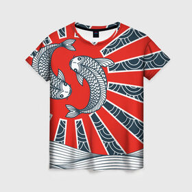 Женская футболка 3D с принтом Карпы Кои в Курске, 100% полиэфир ( синтетическое хлопкоподобное полотно) | прямой крой, круглый вырез горловины, длина до линии бедер | бамбук | инь янь | карп | кои | рыба | узор | япония