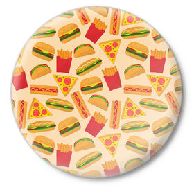 Значок с принтом Фастфуд в Курске,  металл | круглая форма, металлическая застежка в виде булавки | Тематика изображения на принте: бургер | еда | картошка фри | пицца | такос | фастфуд | хот дог