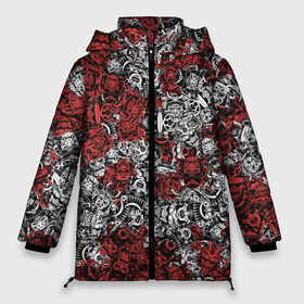 Женская зимняя куртка 3D с принтом Красные и Белые самураи в Курске, верх — 100% полиэстер; подкладка — 100% полиэстер; утеплитель — 100% полиэстер | длина ниже бедра, силуэт Оверсайз. Есть воротник-стойка, отстегивающийся капюшон и ветрозащитная планка. 

Боковые карманы с листочкой на кнопках и внутренний карман на молнии | bushido | samurai | белый | бусидо | воин | демон | красный | маска | паттерн | самурай | сёгун | япония