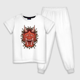 Детская пижама хлопок с принтом Oni demon samurai mask в Курске, 100% хлопок |  брюки и футболка прямого кроя, без карманов, на брюках мягкая резинка на поясе и по низу штанин
 | Тематика изображения на принте: art | cyberpunk samurai | ninja | oni | ronin | samurai | shogun | yakuza | арт | воин | воитель | демон | киберпанк самурай | мерч | мужик | мужчина | они | путь воина | путь война | ронин | сёгун | сепукку | токио | черный самурай