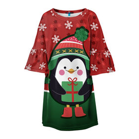Детское платье 3D с принтом Пингвин. Новый год в Курске, 100% полиэстер | прямой силуэт, чуть расширенный к низу. Круглая горловина, на рукавах — воланы | зима | новый год | паттерн | пингвин | подарок | праздник | снежинки