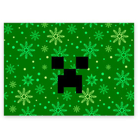 Поздравительная открытка с принтом ЗИМНИЙ MINECRAFT в Курске, 100% бумага | плотность бумаги 280 г/м2, матовая, на обратной стороне линовка и место для марки
 | Тематика изображения на принте: christmas | creeper | game | minecraft | new year | snow | winter | зима | крипер | майнкрафт | мороз | новый год | рождество | снег | снежинки