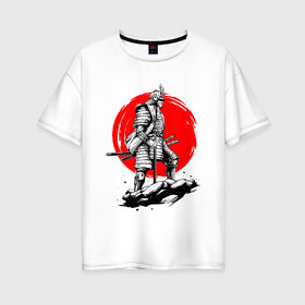 Женская футболка хлопок Oversize с принтом САМУРАЙ в Курске, 100% хлопок | свободный крой, круглый ворот, спущенный рукав, длина до линии бедер
 | ninja | oni | samurai | shogun | путь воина. | самурай | самурай на коне | сёгун | токио | харакири | чёрный самурай | японский самурай