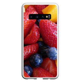 Чехол для Samsung Galaxy S10 с принтом Фругтово-ягодное изобилие в Курске, Силикон | Область печати: задняя сторона чехла, без боковых панелей | еда | клубника | манго | фрукт | фрукты | черника | ягода | ягоды