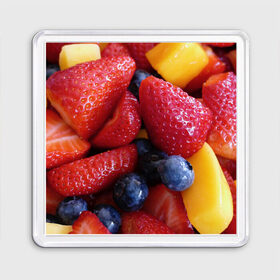 Магнит 55*55 с принтом Фругтово-ягодное изобилие в Курске, Пластик | Размер: 65*65 мм; Размер печати: 55*55 мм | еда | клубника | манго | фрукт | фрукты | черника | ягода | ягоды
