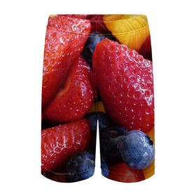 Детские спортивные шорты 3D с принтом Фругтово-ягодное изобилие в Курске,  100% полиэстер
 | пояс оформлен широкой мягкой резинкой, ткань тянется
 | Тематика изображения на принте: еда | клубника | манго | фрукт | фрукты | черника | ягода | ягоды