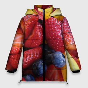Женская зимняя куртка 3D с принтом Фругтово-ягодное изобилие в Курске, верх — 100% полиэстер; подкладка — 100% полиэстер; утеплитель — 100% полиэстер | длина ниже бедра, силуэт Оверсайз. Есть воротник-стойка, отстегивающийся капюшон и ветрозащитная планка. 

Боковые карманы с листочкой на кнопках и внутренний карман на молнии | еда | клубника | манго | фрукт | фрукты | черника | ягода | ягоды