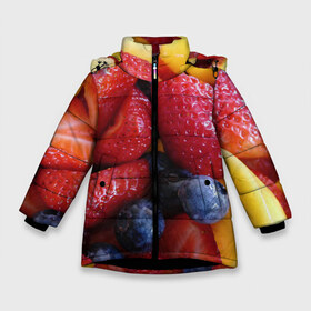 Зимняя куртка для девочек 3D с принтом Фругтово-ягодное изобилие в Курске, ткань верха — 100% полиэстер; подклад — 100% полиэстер, утеплитель — 100% полиэстер. | длина ниже бедра, удлиненная спинка, воротник стойка и отстегивающийся капюшон. Есть боковые карманы с листочкой на кнопках, утяжки по низу изделия и внутренний карман на молнии. 

Предусмотрены светоотражающий принт на спинке, радужный светоотражающий элемент на пуллере молнии и на резинке для утяжки. | еда | клубника | манго | фрукт | фрукты | черника | ягода | ягоды