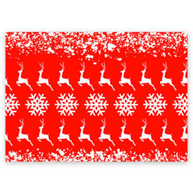 Поздравительная открытка с принтом New Year в Курске, 100% бумага | плотность бумаги 280 г/м2, матовая, на обратной стороне линовка и место для марки
 | christmas toys | deer | new year | red | snow | snowflakes | tree | елка | красный | новогодние игрушки | новый год | олени | свитер с оленями | снег | снежинки | футболка с оленями