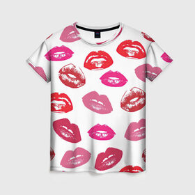 Женская футболка 3D с принтом Губы в Курске, 100% полиэфир ( синтетическое хлопкоподобное полотно) | прямой крой, круглый вырез горловины, длина до линии бедер | арт | бардовый | губы | косметика | красный | помада | поцелуи | поцелуй | рисунок | розовый