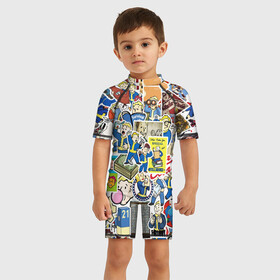 Детский купальный костюм 3D с принтом FALLOUT STICKER BOMBING в Курске, Полиэстер 85%, Спандекс 15% | застежка на молнии на спине | fallout sticker | атомный | волт бой | герой | игра | персонаж | радиация | стикер бомбинг | фаллаут | фоллаут | человечек