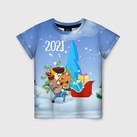 Детская футболка 3D с принтом Новый год 2021 в Курске, 100% гипоаллергенный полиэфир | прямой крой, круглый вырез горловины, длина до линии бедер, чуть спущенное плечо, ткань немного тянется | 2021 | 7 января | bull | newyear | santa | бык | быки | бычок | год быка | дед мороз | корова | новогодние каникулы | новогодние праздники | новый 2021 | новый год | новый год 2021 | рождество | сани | санта | санта клаус