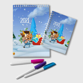 Блокнот с принтом Новый год 2021 в Курске, 100% бумага | 48 листов, плотность листов — 60 г/м2, плотность картонной обложки — 250 г/м2. Листы скреплены удобной пружинной спиралью. Цвет линий — светло-серый
 | Тематика изображения на принте: 2021 | 7 января | bull | newyear | santa | бык | быки | бычок | год быка | дед мороз | корова | новогодние каникулы | новогодние праздники | новый 2021 | новый год | новый год 2021 | рождество | сани | санта | санта клаус