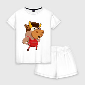 Женская пижама с шортиками хлопок с принтом Год быка 2021 в Курске, 100% хлопок | футболка прямого кроя, шорты свободные с широкой мягкой резинкой | 