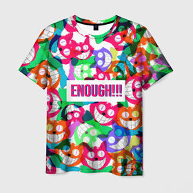 Мужская футболка 3D с принтом ENOUGH! в Курске, 100% полиэфир | прямой крой, круглый вырез горловины, длина до линии бедер | cat | colorful | достаточно | кот | красочная | пестрая | улыбающийся кот | хватит | цветастая | цветная | яркая