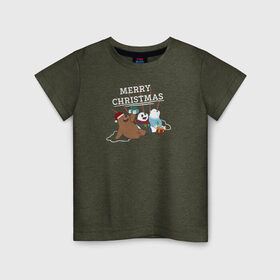 Детская футболка хлопок с принтом Merry christmas в Курске, 100% хлопок | круглый вырез горловины, полуприлегающий силуэт, длина до линии бедер | cartoon network | grizz | icebear | panda | vdkimel | we bare bears | белый | вся правда о медведях | гризли | панда