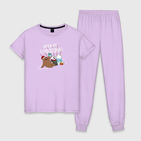 Женская пижама хлопок с принтом Merry christmas в Курске, 100% хлопок | брюки и футболка прямого кроя, без карманов, на брюках мягкая резинка на поясе и по низу штанин | cartoon network | grizz | icebear | panda | vdkimel | we bare bears | белый | вся правда о медведях | гризли | панда
