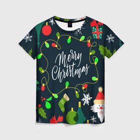 Женская футболка 3D с принтом Merry Christmas в Курске, 100% полиэфир ( синтетическое хлопкоподобное полотно) | прямой крой, круглый вырез горловины, длина до линии бедер | 2020 | 2021 | new year | гирлянда | дед мороз | елка | зеленый | игрушка | клаус | конфеты | нг | новый год | носок | перчатка | подарок | рождество | с | санта | сладости | снег | снеговик | снежинка | шапка | шары