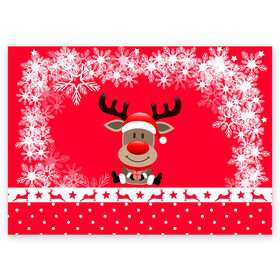 Поздравительная открытка с принтом Олень с подарком в Курске, 100% бумага | плотность бумаги 280 г/м2, матовая, на обратной стороне линовка и место для марки
 | 2021 | new year | деда мороза | к нам приходит | клауса | костюм | новогодний | новый год | праздник | рождество | рудольф | санты | снег | снежинки | снежок | узор
